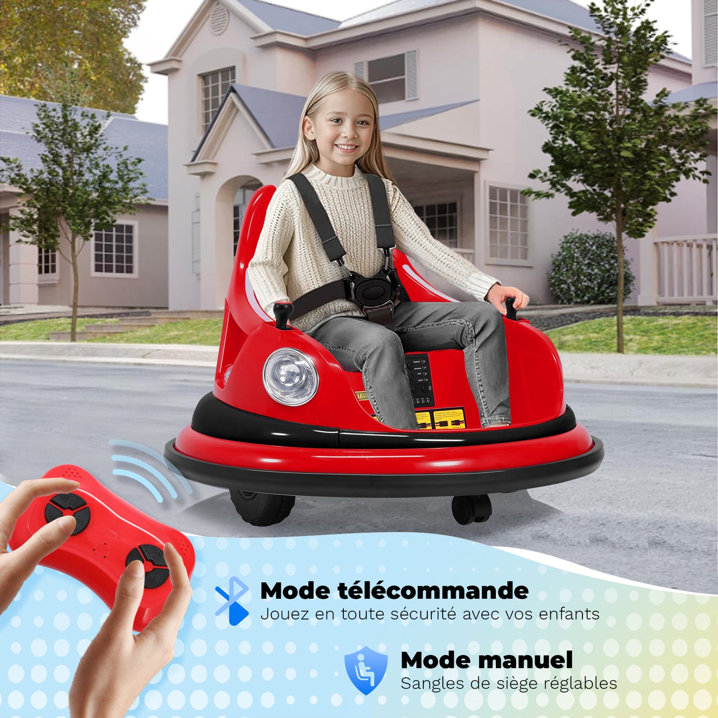12-V-Elektroroller mit 2 Geschwindigkeiten, ASTM-zertifiziert, Fernbedienung, Bluetooth-Musik, LED-Licht, 360°-Drehung, 5-Punkt-Sicherheitsgurt, rot.