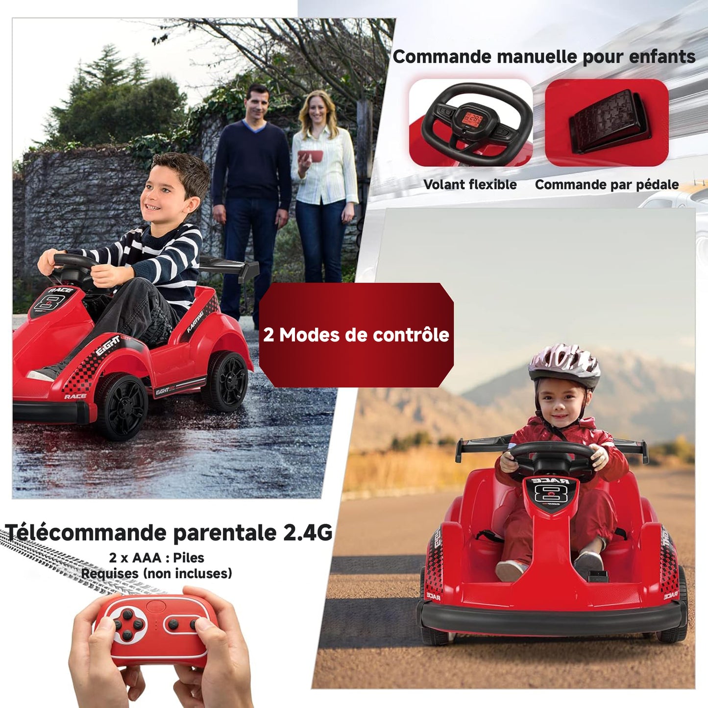 HOMEMIYN Elektrisches Gokart, batteriebetriebenes Rennauto mit 6 V, Fernbedienung, Sicherheitsgurt, langsamem Start, Musik (rot).
