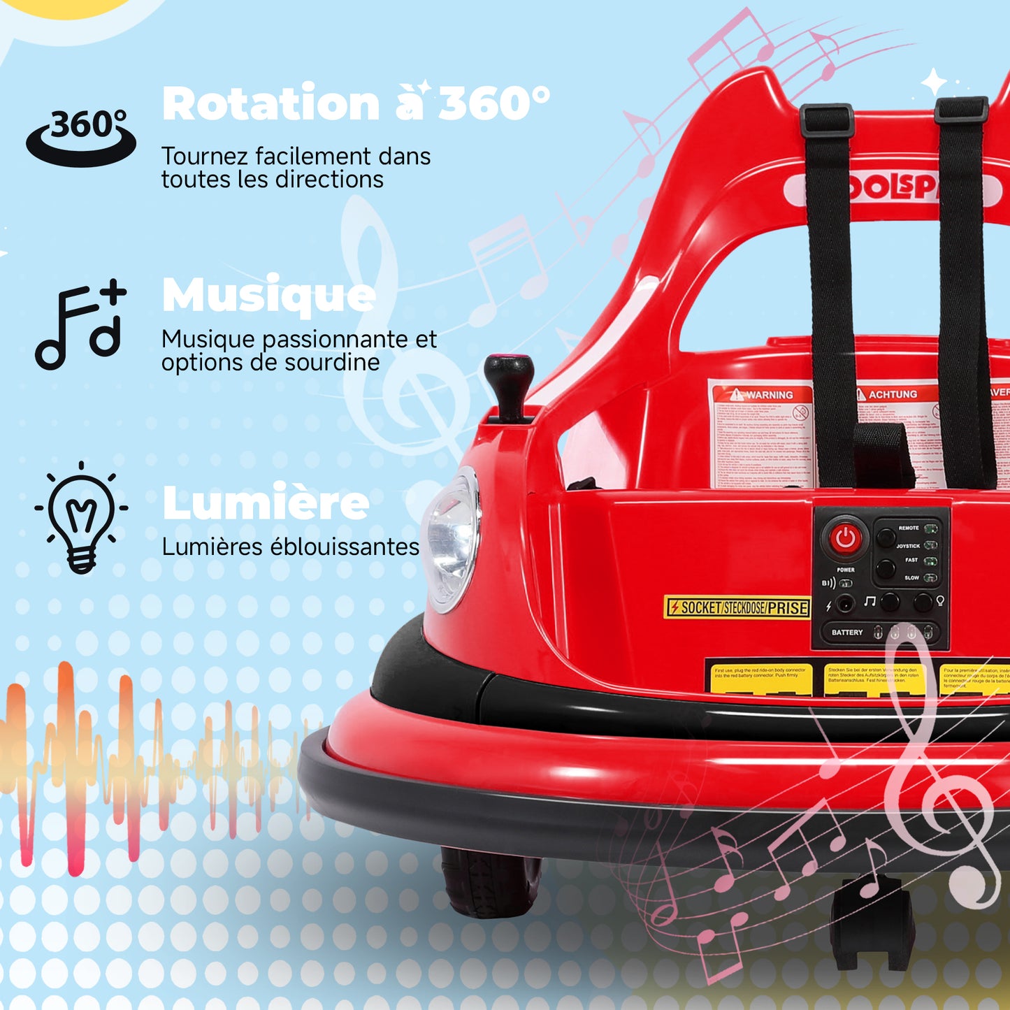 12-V-Elektroroller mit 2 Geschwindigkeiten, ASTM-zertifiziert, Fernbedienung, Bluetooth-Musik, LED-Licht, 360°-Drehung, 5-Punkt-Sicherheitsgurt, rot.
