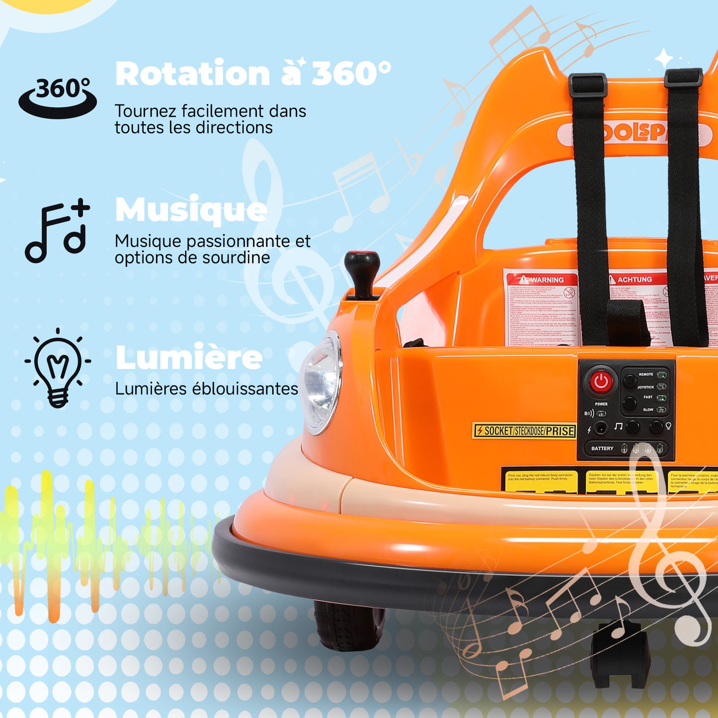 12V 2-Gang Elektroroller, ASTM-zertifiziert, mit Fernbedienung, Bluetooth-Musik, LED-Licht, 360°-Drehung, Fünfpunkt-Sicherheitsgurt, Orange