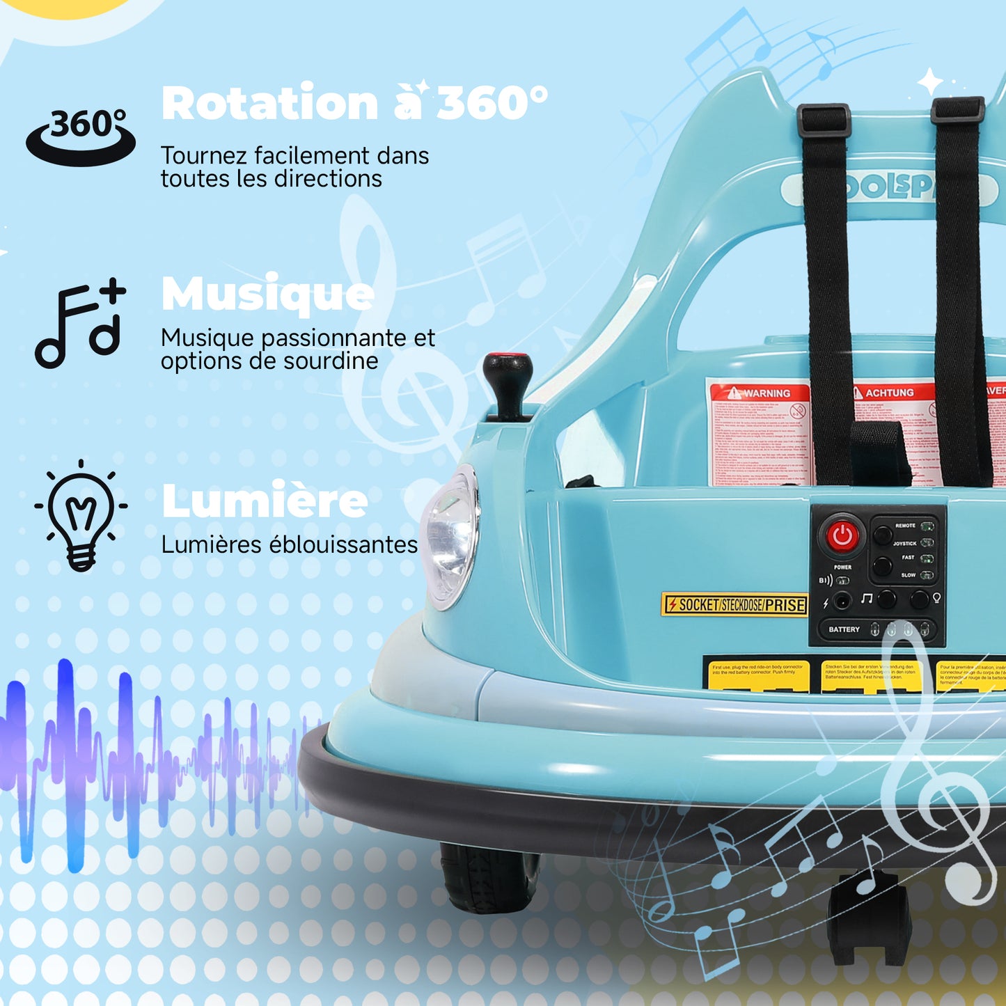 12-V-Elektroroller mit 2 Geschwindigkeiten, ASTM-zertifiziert, mit Fernbedienung, Bluetooth-Musik, LED-Licht, 360°-Drehung, 5-Punkt-Sicherheitsgurt, blau.