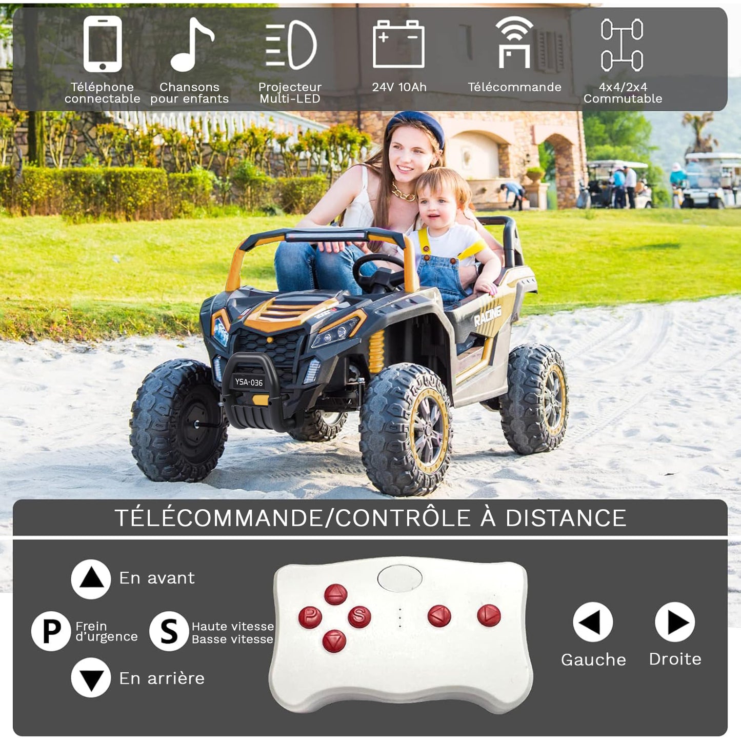 24-V-Elektroauto für Kinder, Allrad-Truck mit Fernbedienung, 6-Rad-Pickup-Truck für Kinder mit Sicherheitsgurt, Stauraum, Bluetooth, Rückfahrwarnung (Dunkelschwarz)