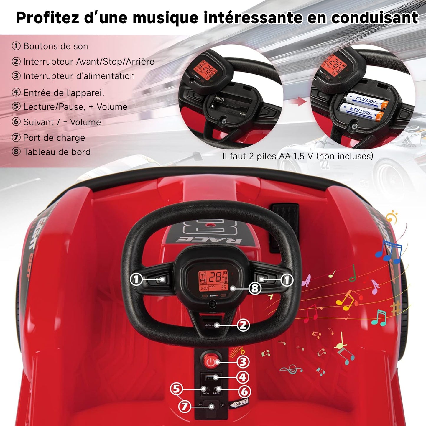 HOMEMIYN Elektrisches Gokart, batteriebetriebenes Rennauto mit 6 V, Fernbedienung, Sicherheitsgurt, langsamem Start, Musik (rot).