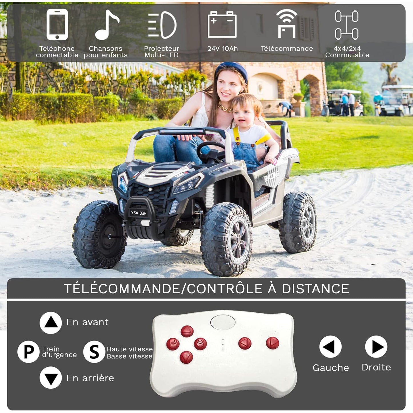 24V elektrische 6-wieler pick-up truck voor kids, 4WD, afstandsbediening, veiligheidsgordel, Bluetooth & achteruitrijwaarschuwing. Donkerzwart