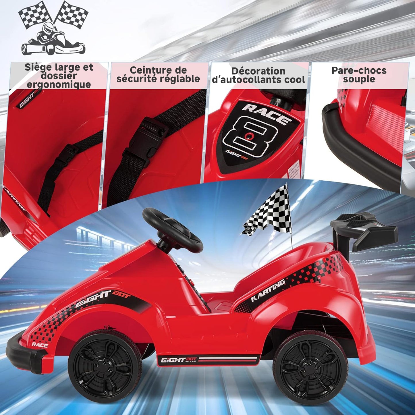 HOMEMIYN Elektrisches Gokart, batteriebetriebenes Rennauto mit 6 V, Fernbedienung, Sicherheitsgurt, langsamem Start, Musik (rot).