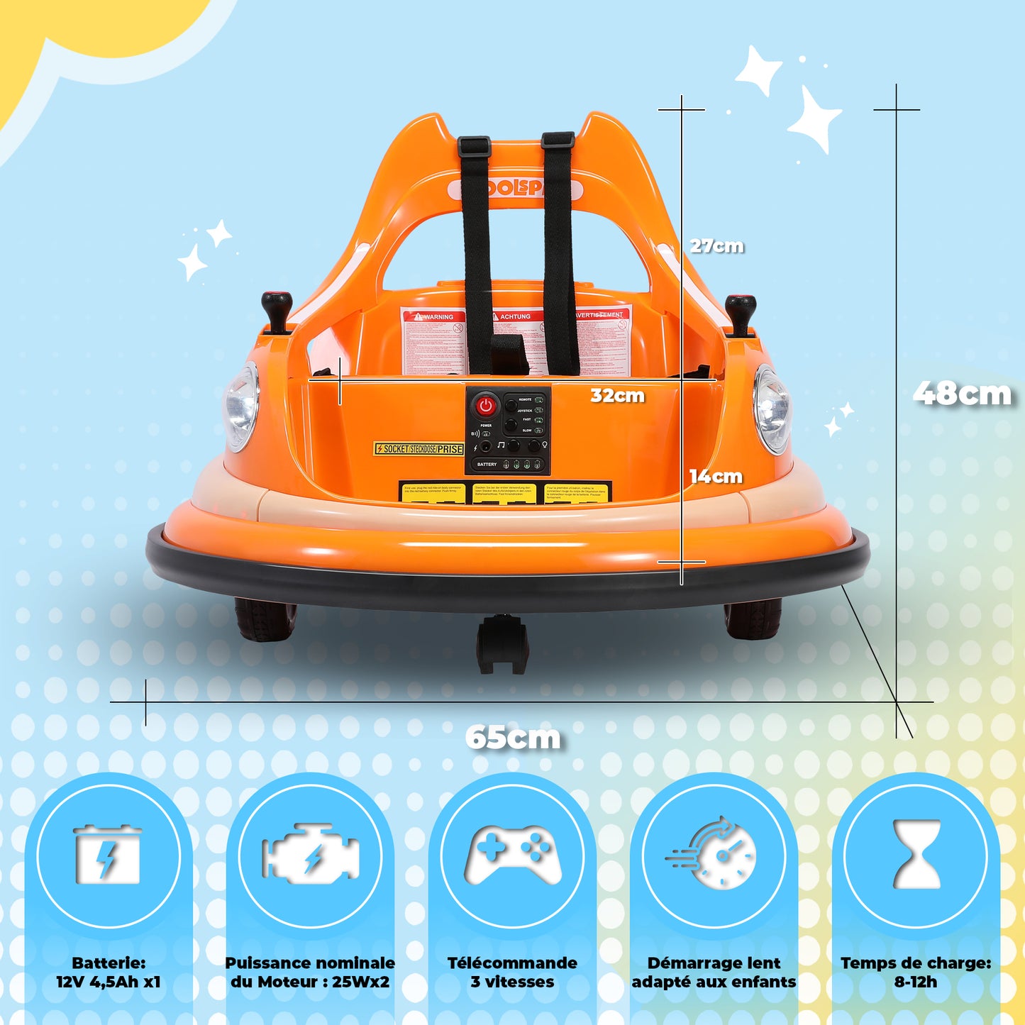 12V 2-Gang Elektroroller, ASTM-zertifiziert, mit Fernbedienung, Bluetooth-Musik, LED-Licht, 360°-Drehung, Fünfpunkt-Sicherheitsgurt, Orange