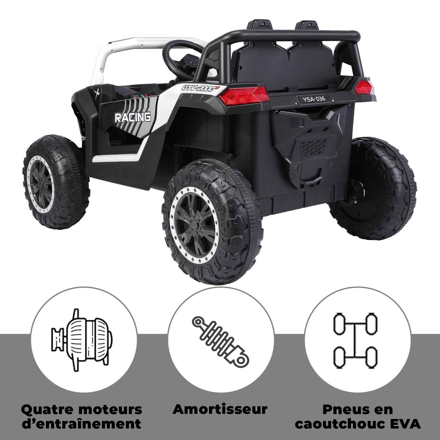 24V elektrische 6-wieler pick-up truck voor kids, 4WD, afstandsbediening, veiligheidsgordel, Bluetooth & achteruitrijwaarschuwing. Donkerzwart