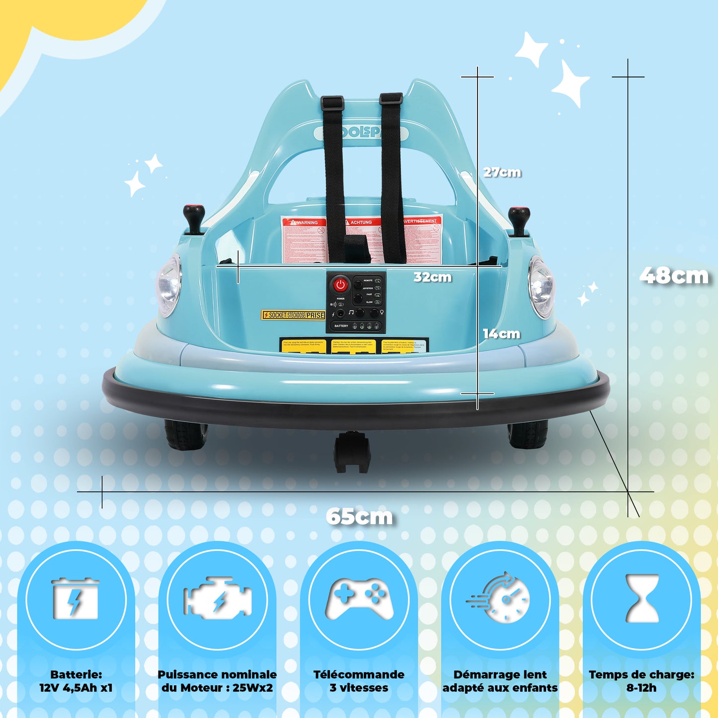 12-V-Elektroroller mit 2 Geschwindigkeiten, ASTM-zertifiziert, mit Fernbedienung, Bluetooth-Musik, LED-Licht, 360°-Drehung, 5-Punkt-Sicherheitsgurt, blau.