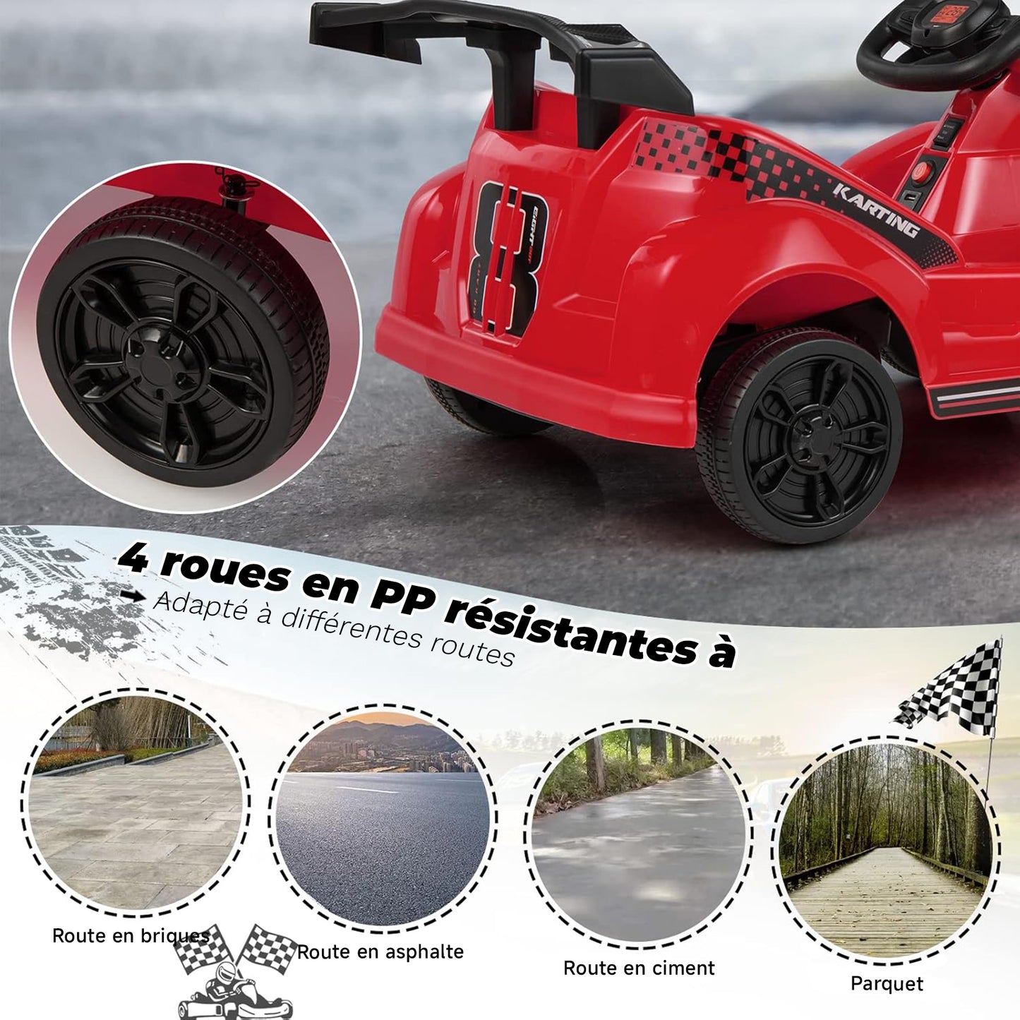 HOMEMIYN Elektrisches Gokart, batteriebetriebenes Rennauto mit 6 V, Fernbedienung, Sicherheitsgurt, langsamem Start, Musik (rot).
