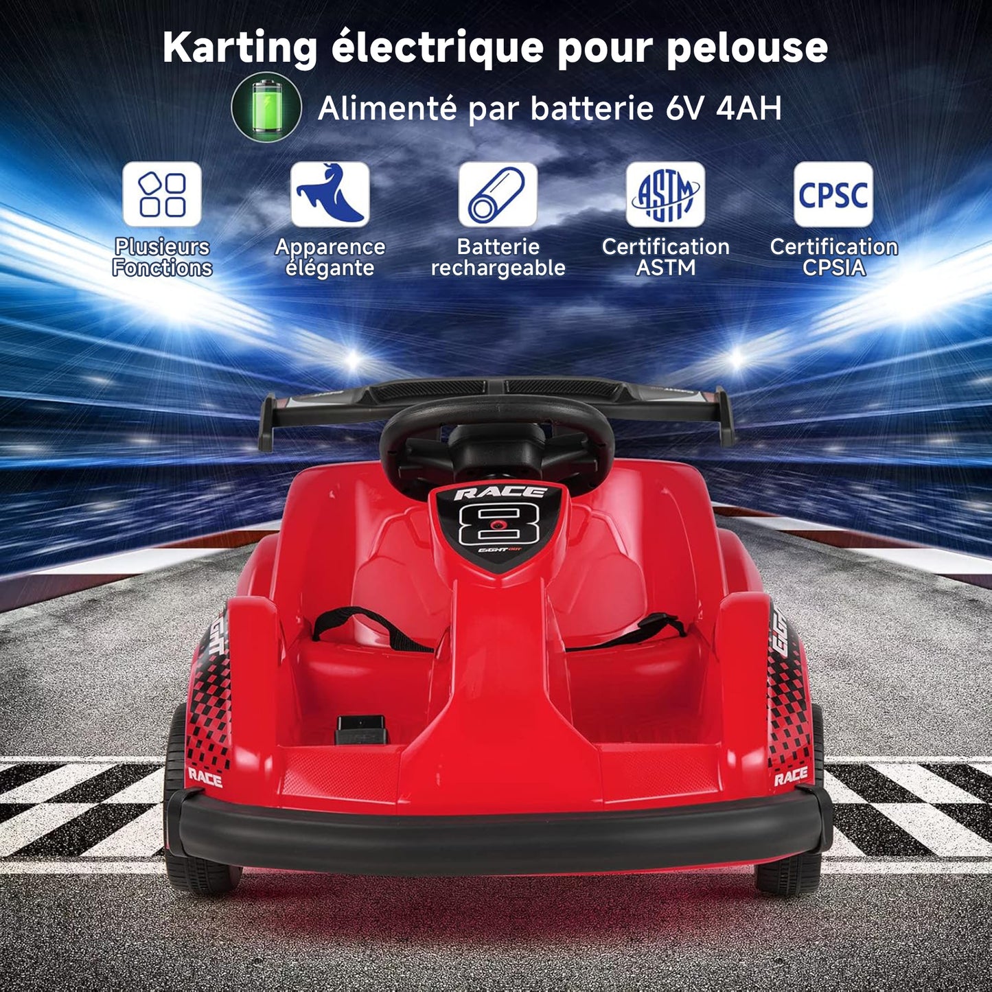 HOMEMIYN Elektrisches Gokart, batteriebetriebenes Rennauto mit 6 V, Fernbedienung, Sicherheitsgurt, langsamem Start, Musik (rot).