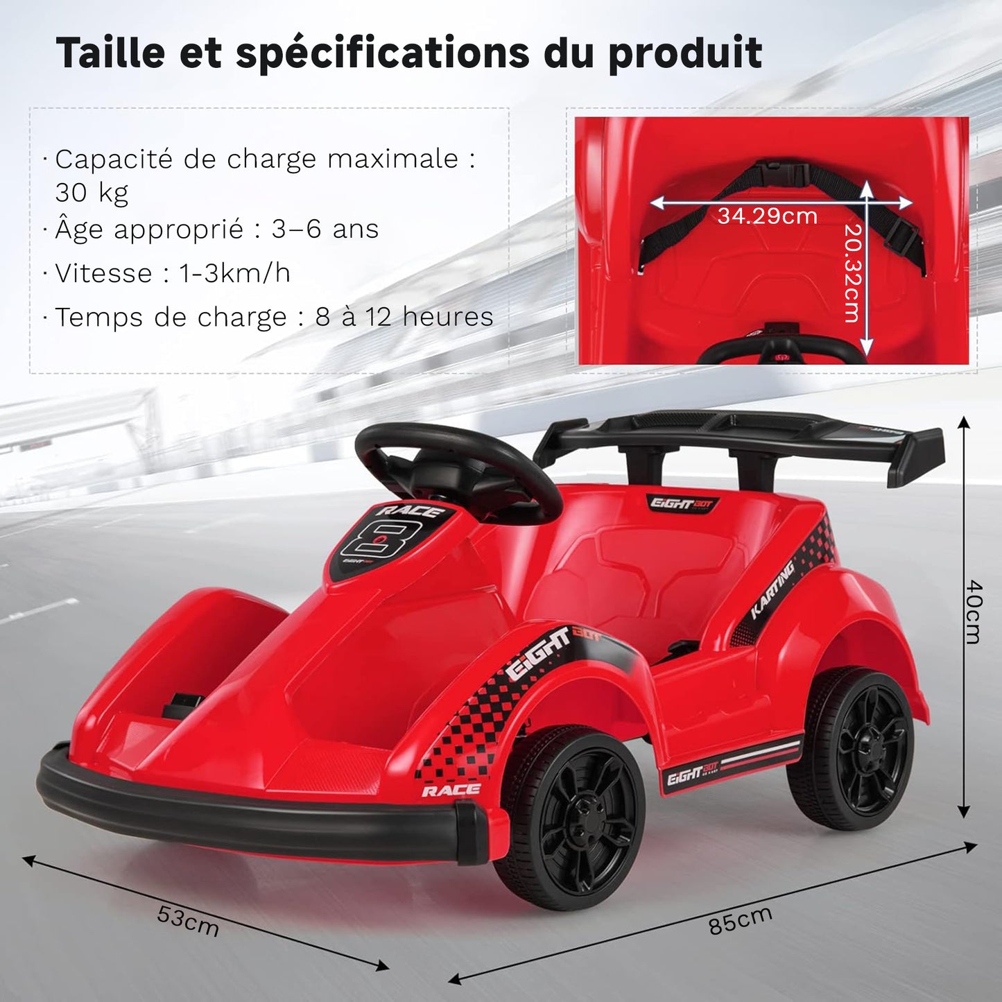 HOMEMIYN Elektrisches Gokart, batteriebetriebenes Rennauto mit 6 V, Fernbedienung, Sicherheitsgurt, langsamem Start, Musik (rot).
