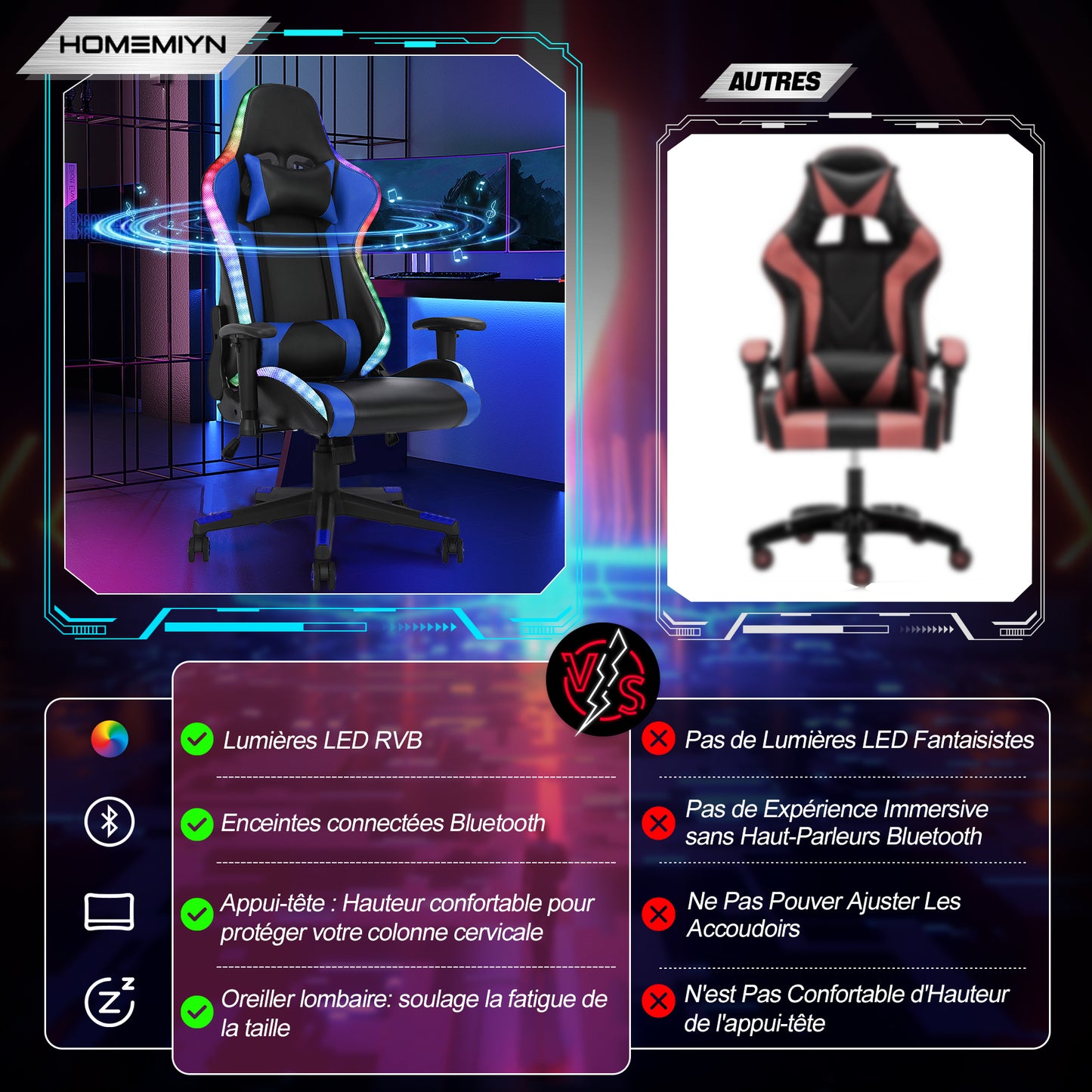 Chaise Gaming  avec  lumière LED et Bluetooth  Fauteuil Gamer avec  haut-parleur Noir et bleu