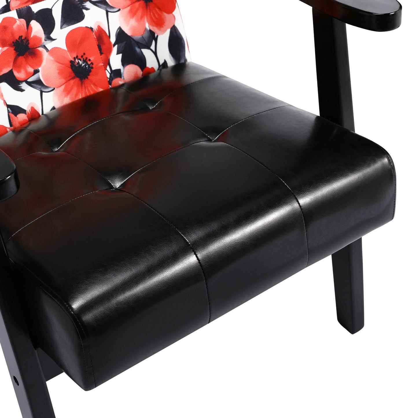 Zwarte Japanse bank met rode bloemen - Zwarte PU-armleuningen - Mid-Century Vintage-stijl
