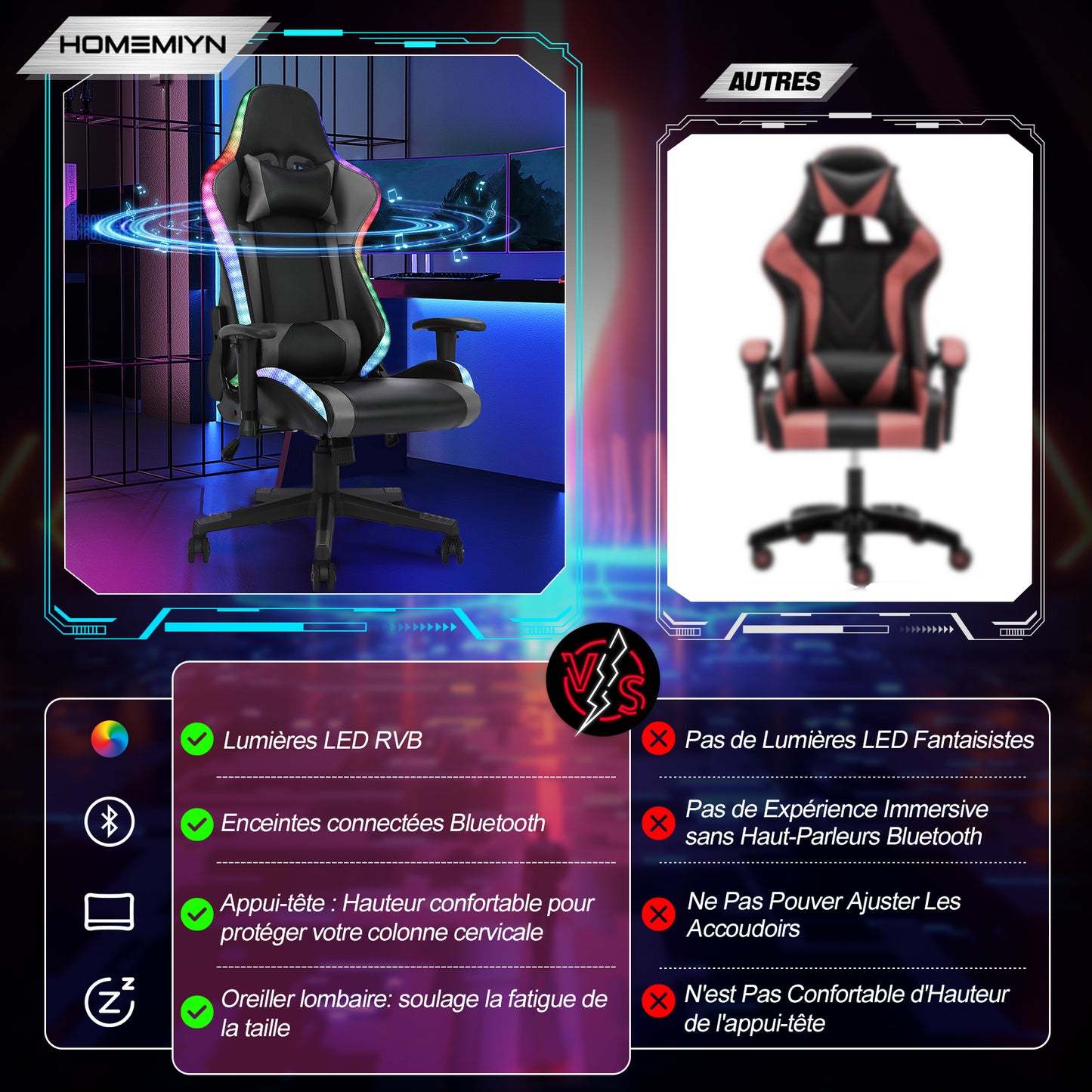 Chaise Gaming  avec  lumière LED et Bluetooth  Fauteuil Gamer avec  haut-parleur Noir et gris