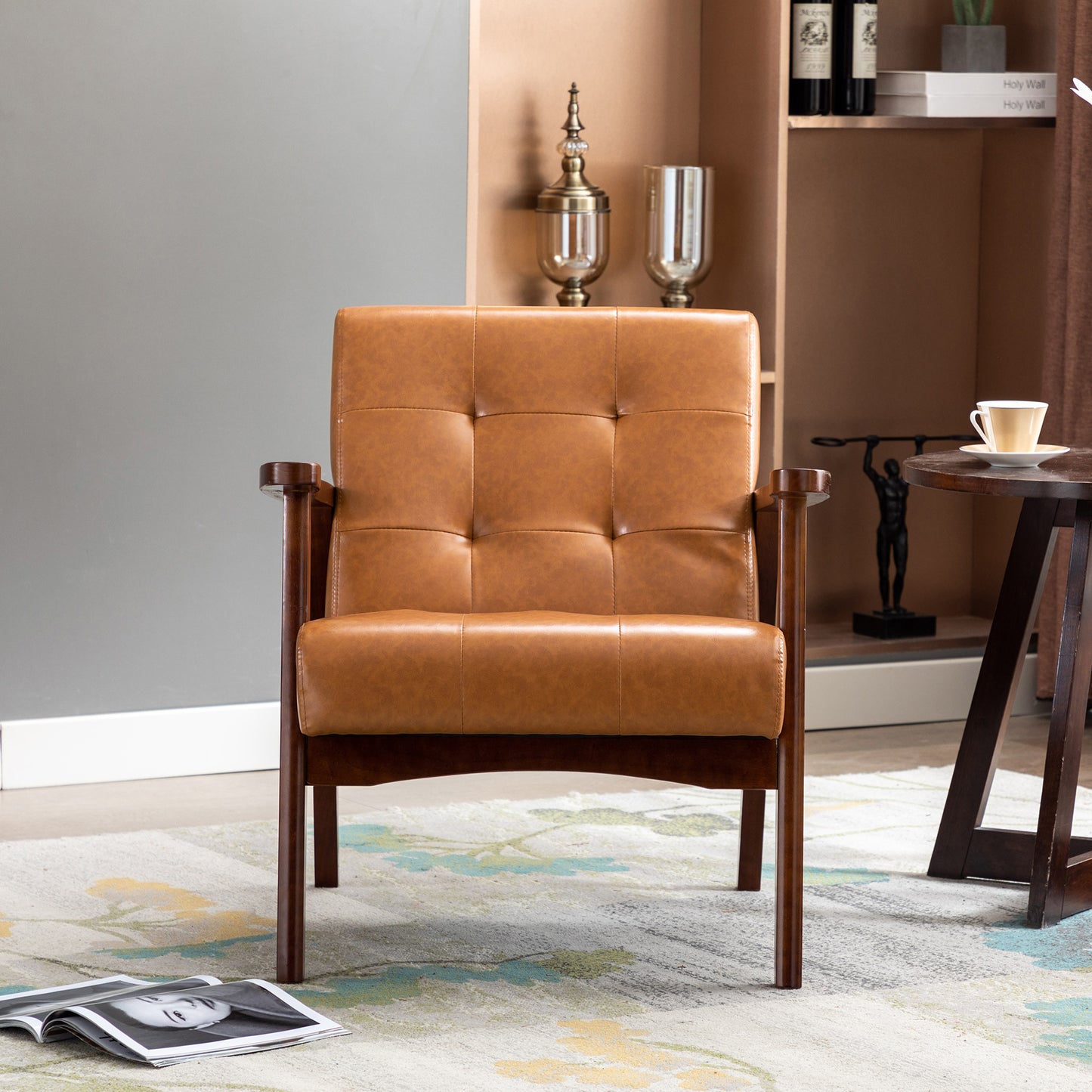 Scandinavian Leather Armchair - Caramel Brown, 67cm (W) x 76cm (D) x 76cm (H) – Mid-Century Modern Lounge Chair