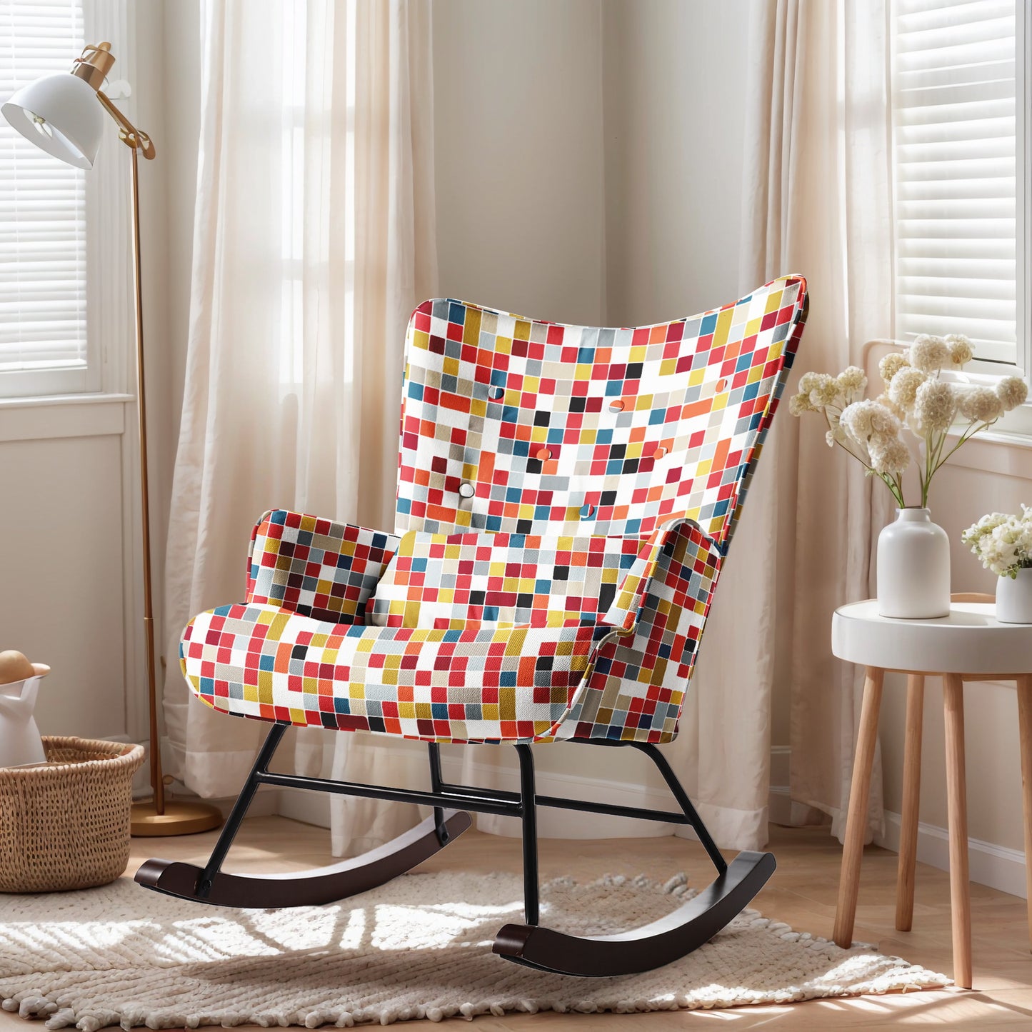 Cadeira de baloiço HOMEMIYN: Tecido de linho sintético, padrão de mosaico colorido - 91X67X86CM