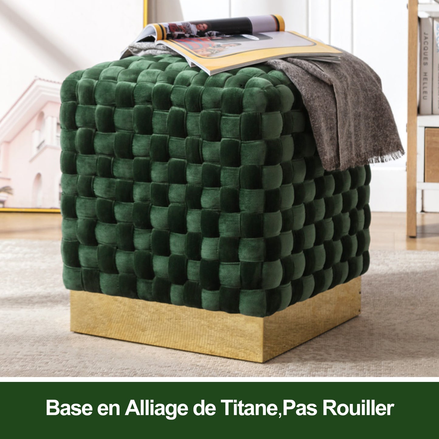 Repose-pieds cube velours HomeMiYN - Tissé main, pieds dorés, vert foncé