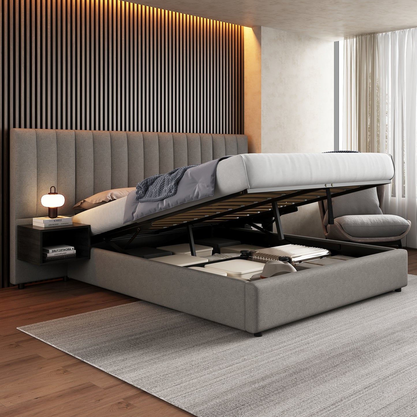 Lit Coffre 160x200 cm HOMEMiYN - Lit Élégant avec Rangement Pratique et Confort Optimal