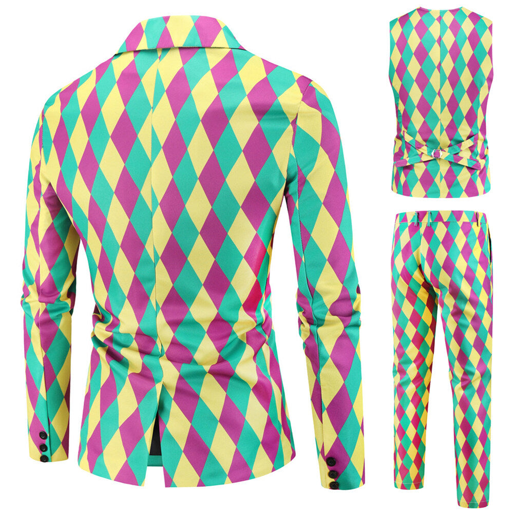 YFFUSHI Mens 3 Piece Suit Argyle Stripe Single Breasted Holiday Dress for Dinner or Party