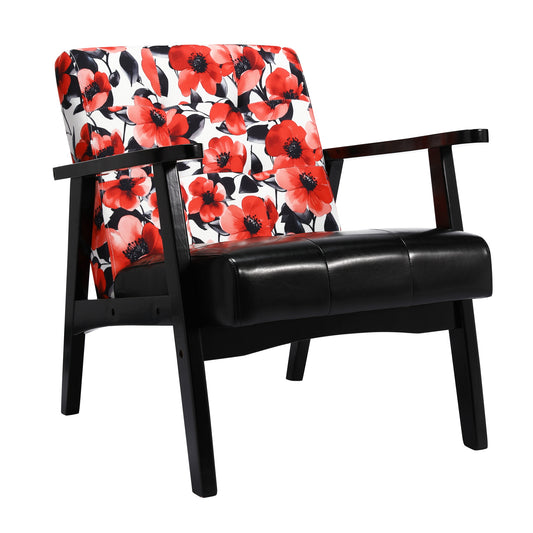 Zwarte Japanse bank met rode bloemen - Zwarte PU-armleuningen - Mid-Century Vintage-stijl