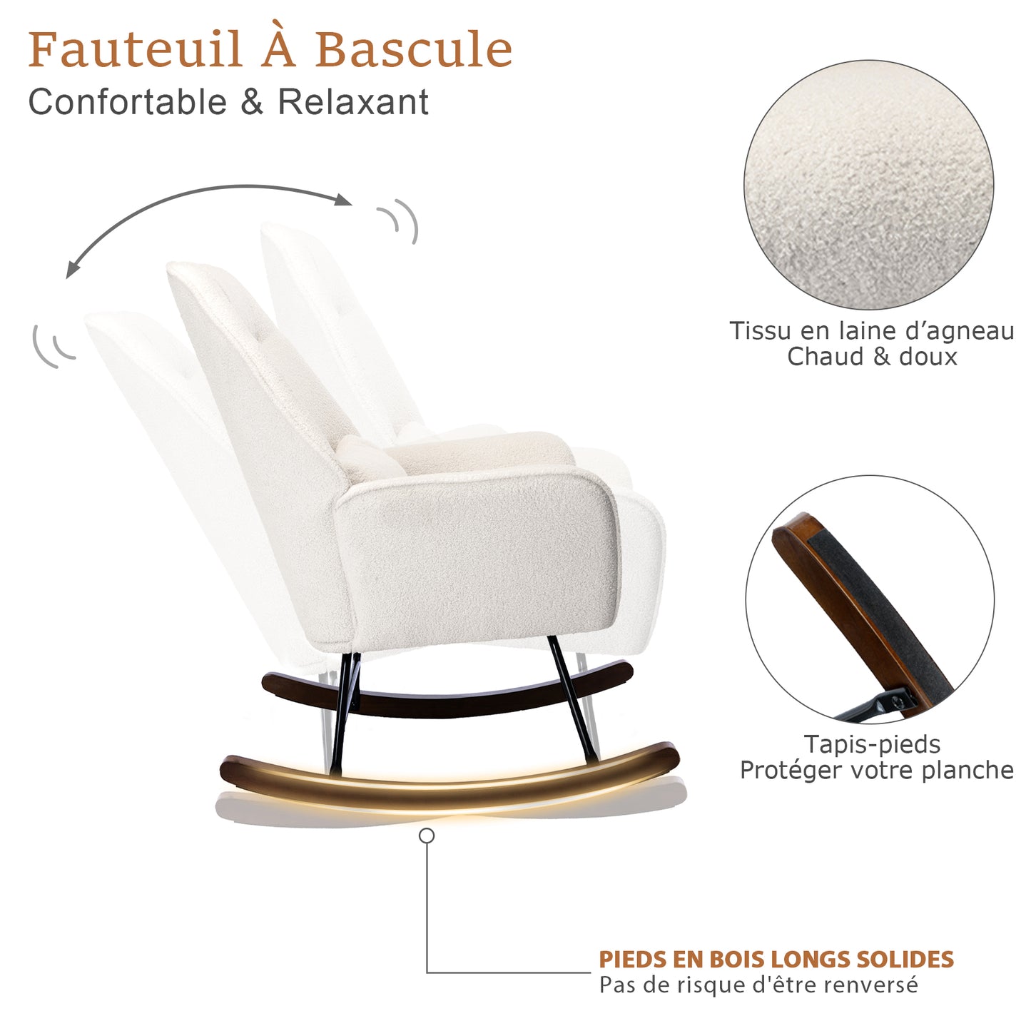 Fauteuil à Bascule en Laine d'agneau Fauteuil en Laine Moderne, Chaise à Bascule Confortable avec Pieds en Bois Massif Beige