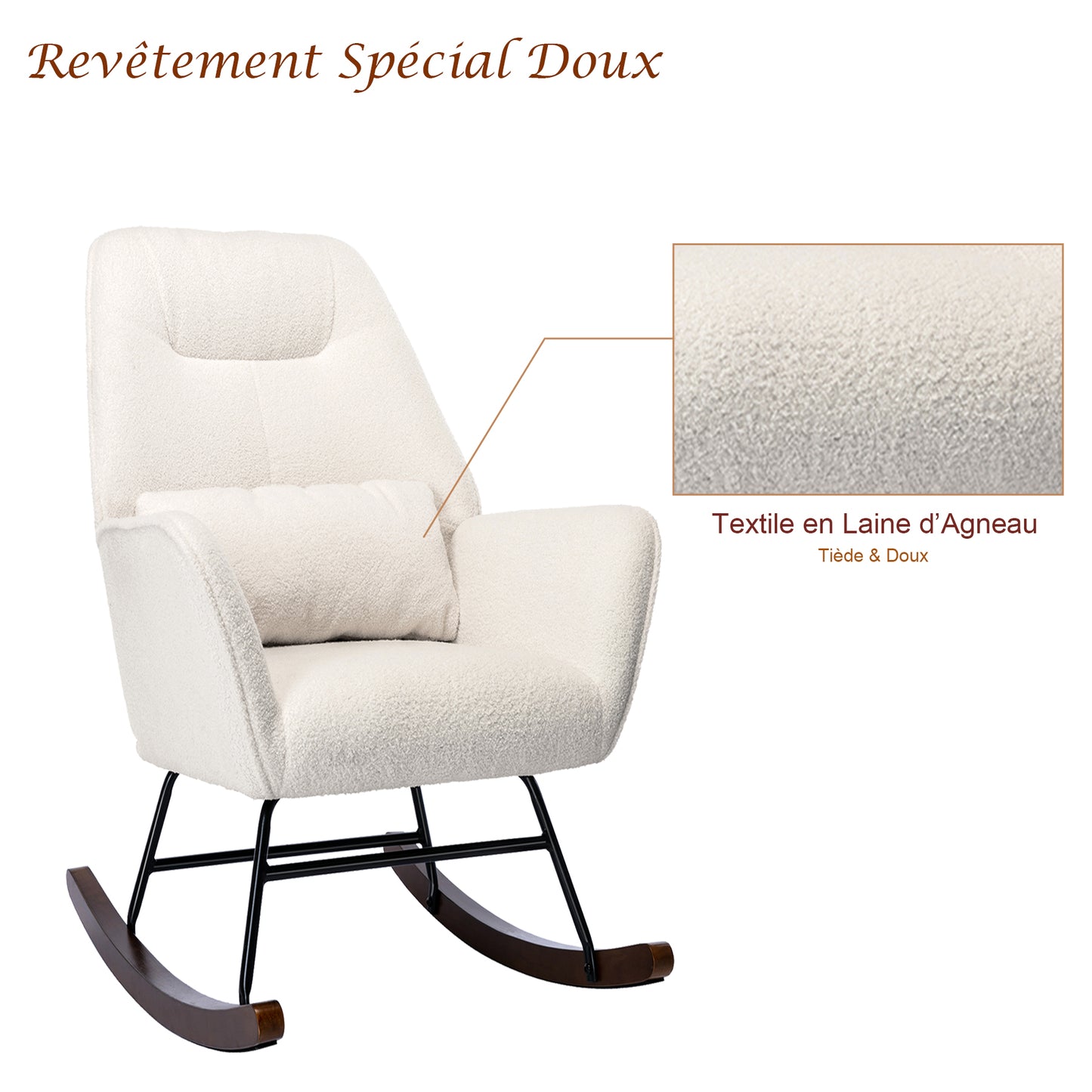 Fauteuil à Bascule en Laine d'agneau Fauteuil en Laine Moderne, Chaise à Bascule Confortable avec Pieds en Bois Massif Beige