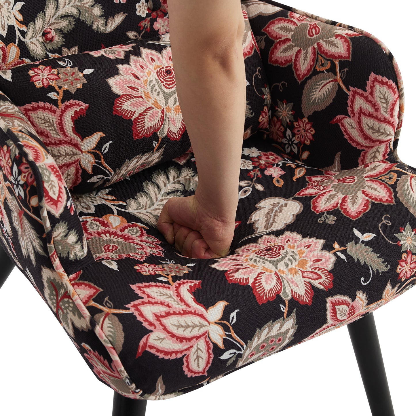 Poltrona HOMEMIYNcom Almofada e Banco ( 76x65x94 cm - Linho Falso Pretocom Flores Vermelho）