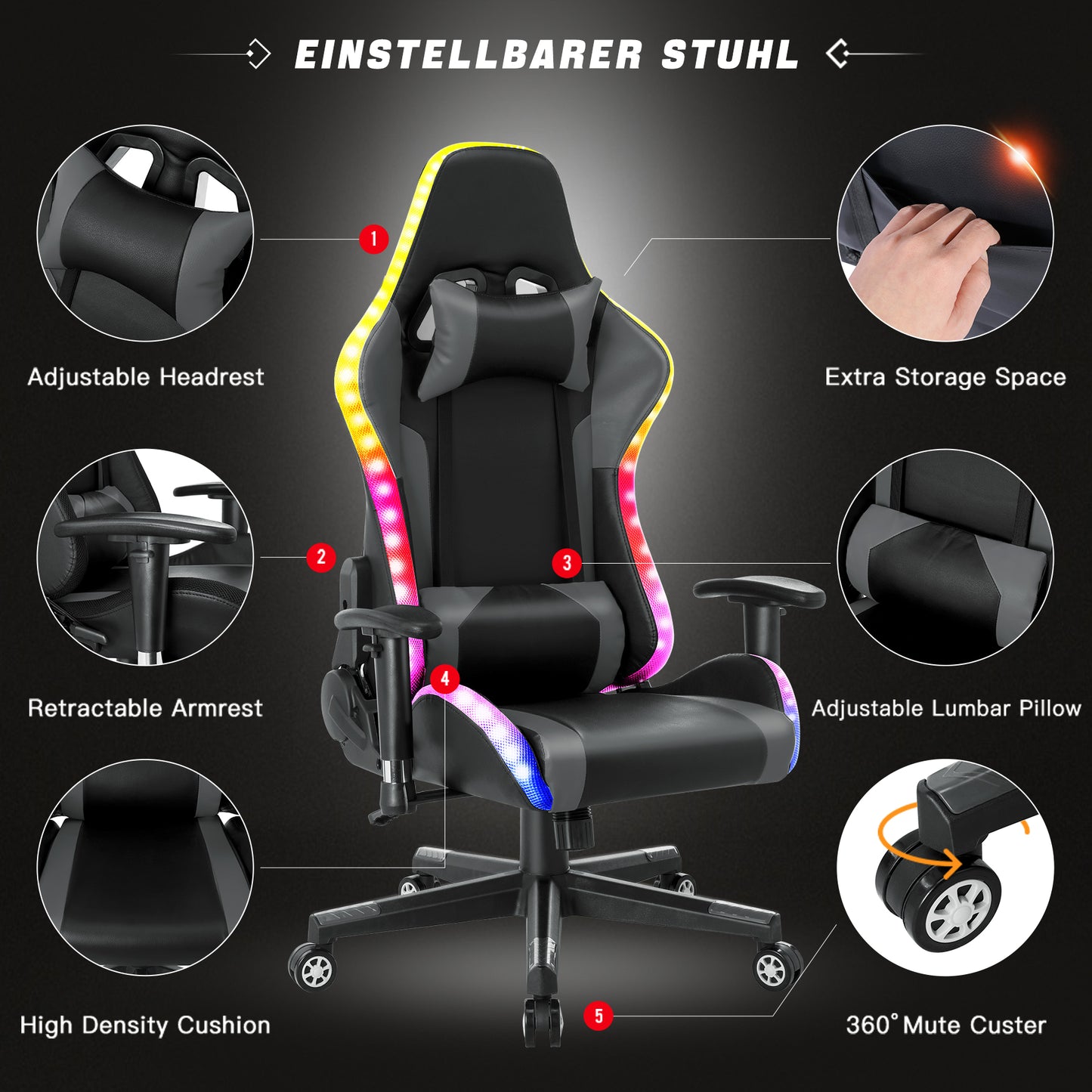Gamingstoel met RGB LED-verlichting en luidsprekers Gamingstoel in racestijl Kantoorstoel PU-leren pc-stoel