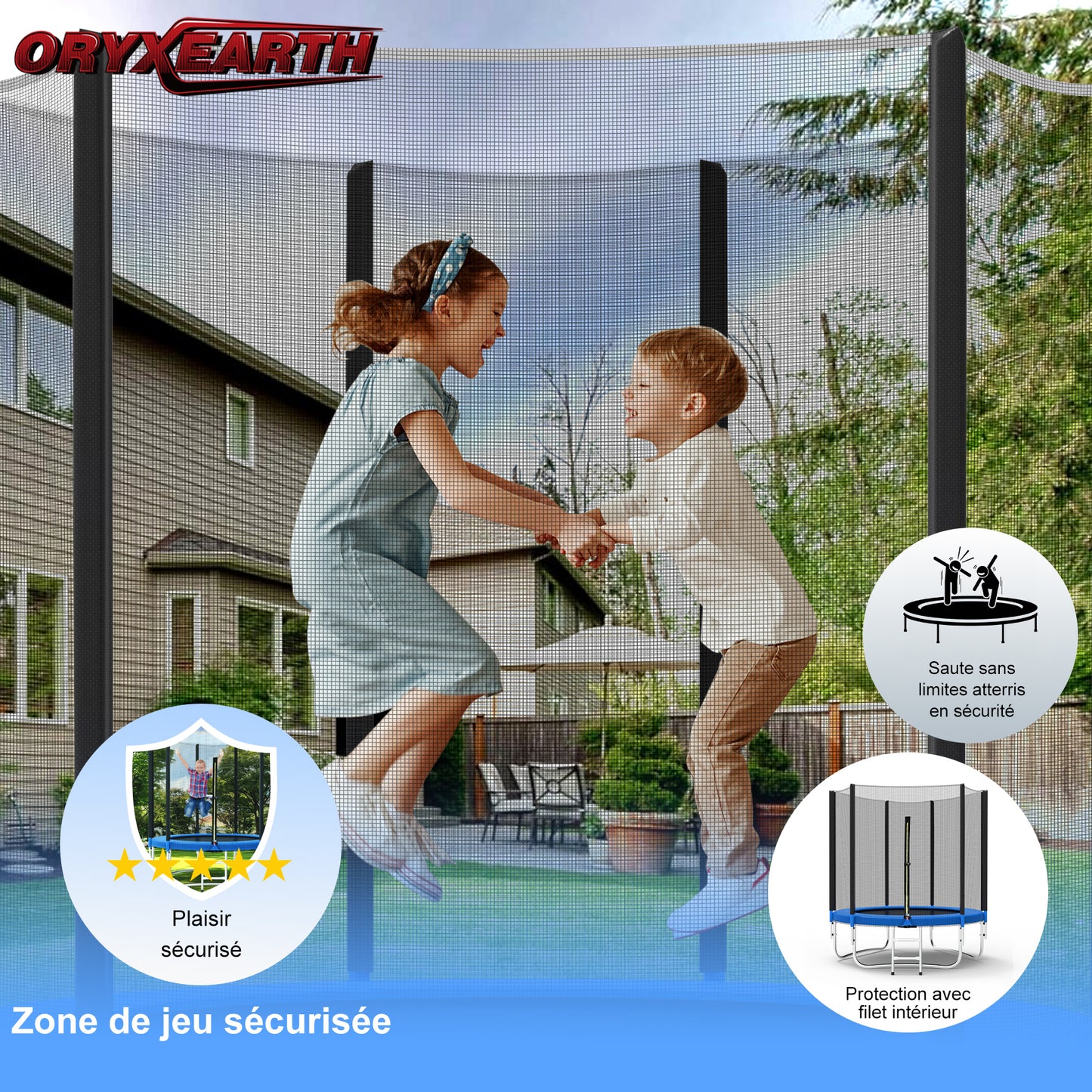Trampoline Jardin 183cm - Enfants/Adultes, Filet Sécurité + Couverture - Noir/Bleu - Jeux Extérieur