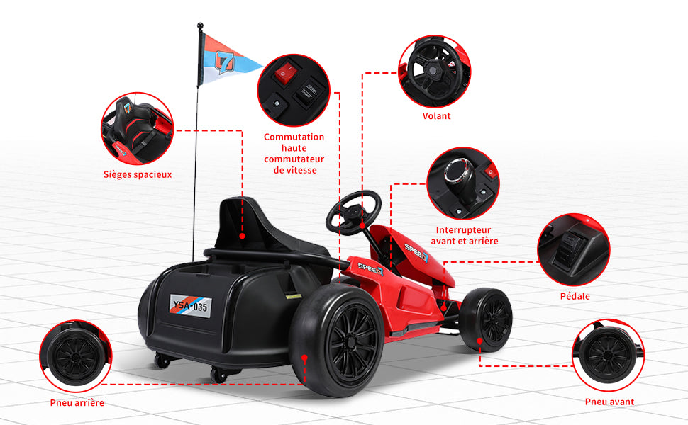 HOMEMiYN 24V 13 km/u elektrische driftkart met zachte start, muziek, claxon, veiligheidsgordel voor kinderen van 8-12 jaar (rood).