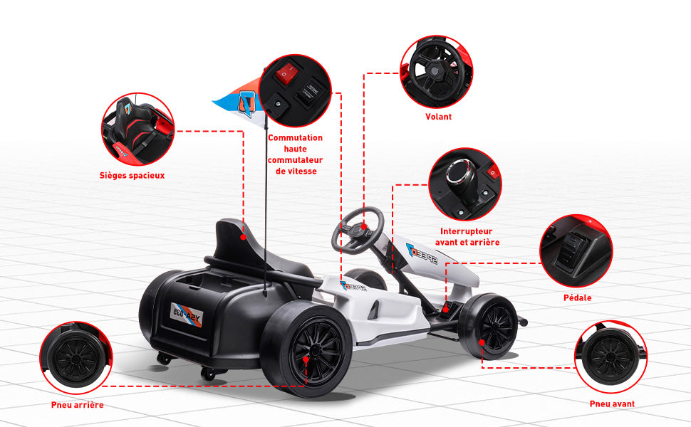 HOMEMiYN 24V 13 km/u elektrische driftkart met zachte start, muziek, claxon, veiligheidsgordel voor kinderen van 8-12 jaar (wit).