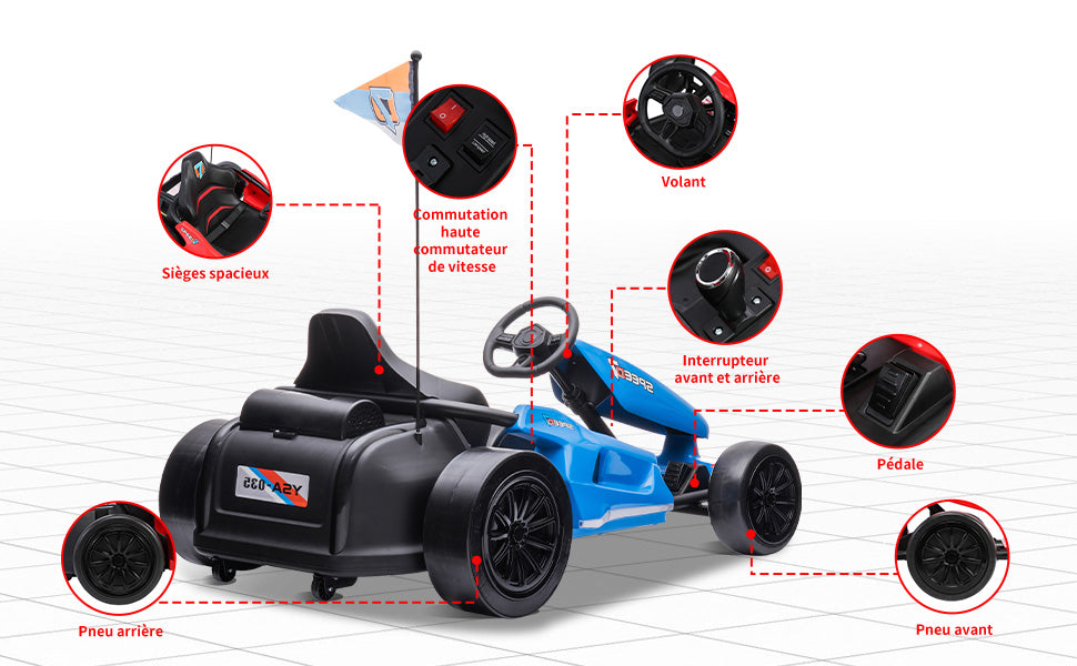 HOMEMiYN 24 V 13 km/h Elektro-Driftkart mit Sanftanlauf, Musik, Hupe, Sicherheitsgurt für Kinder von 8–12 Jahren (blau)