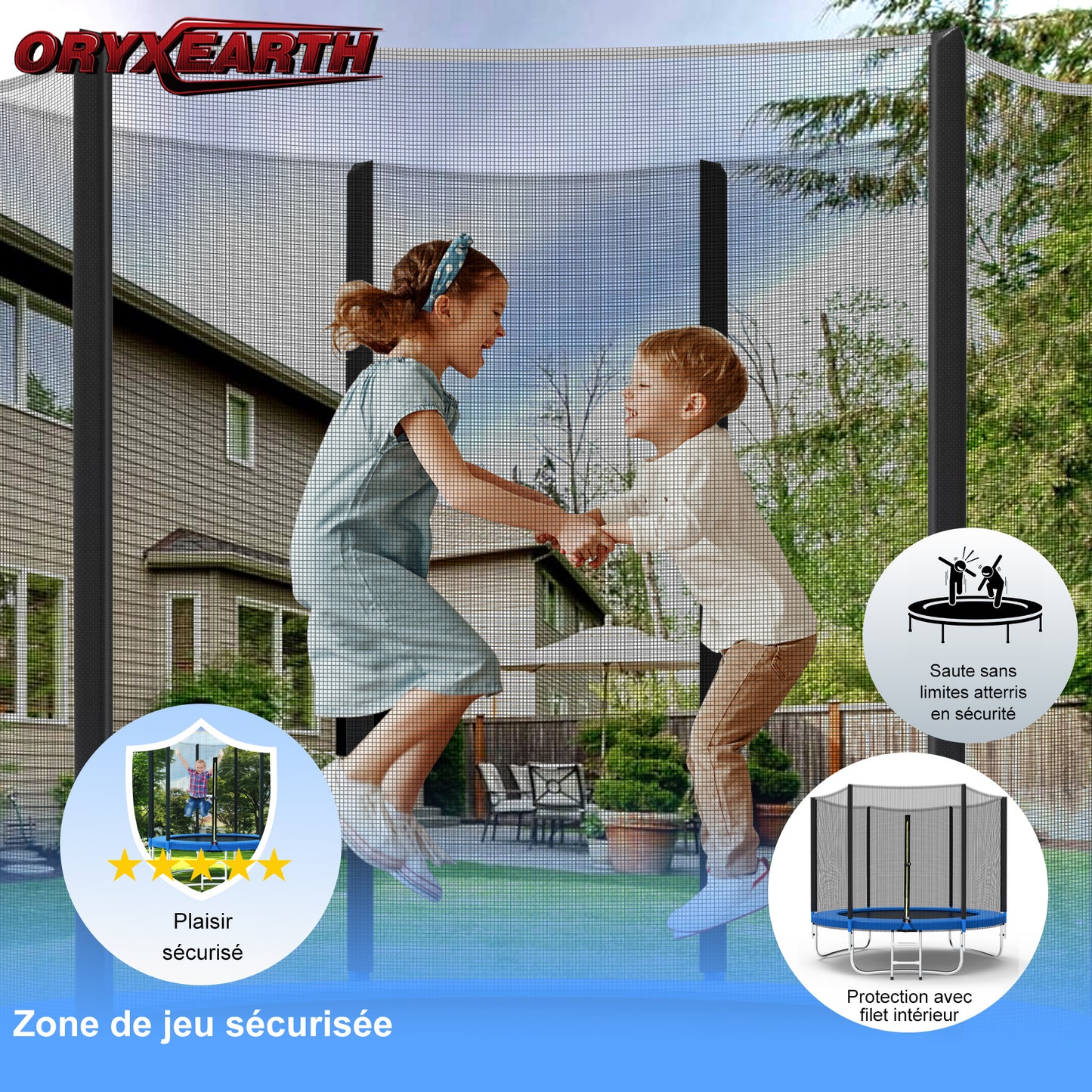 Trampoline de Jardin Enfants et Adultes Jeux d'Extérieur  244 cm Noir et Bleu Avec Filet de sécurité Couverture de protection