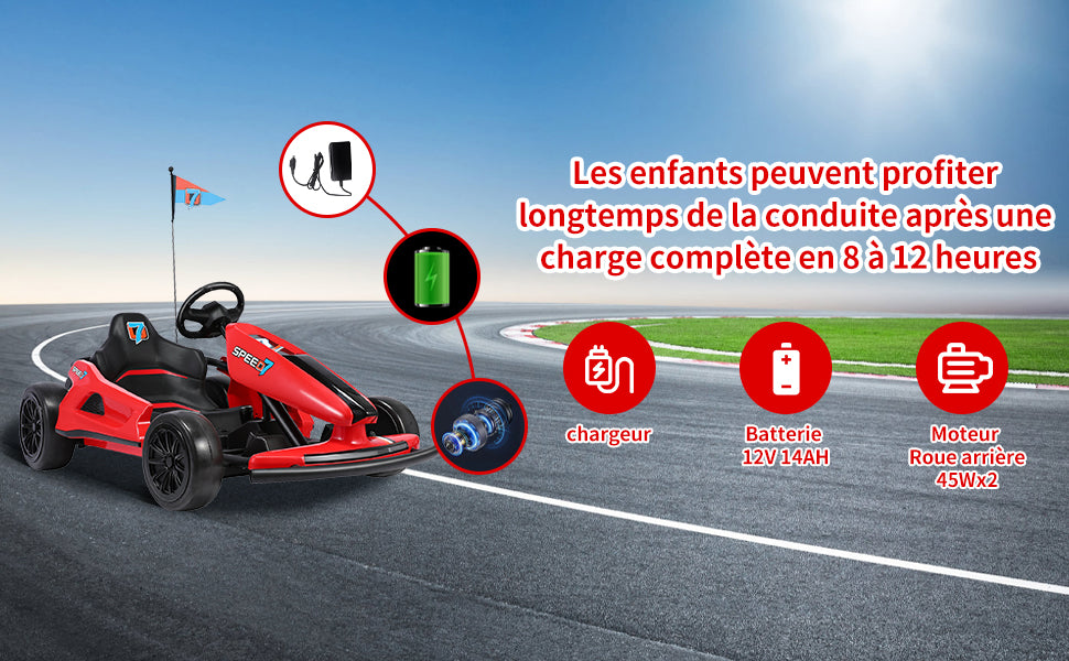 HOMEMiYN 24V 13 km/u elektrische driftkart met zachte start, muziek, claxon, veiligheidsgordel voor kinderen van 8-12 jaar (rood).