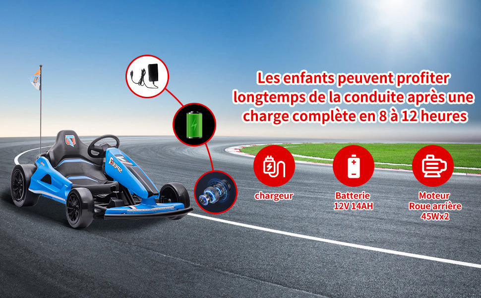 HOMEMiYN 24 V 13 km/h Elektro-Driftkart mit Sanftanlauf, Musik, Hupe, Sicherheitsgurt für Kinder von 8–12 Jahren (blau)