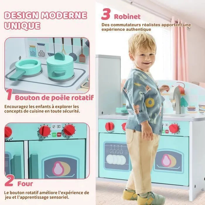 Cuisine Enfant Multifonctionnelle 5 en 1 - ORYXEARTH - Vert - 47.8x17x40.3cm - 3,35kg - Bois