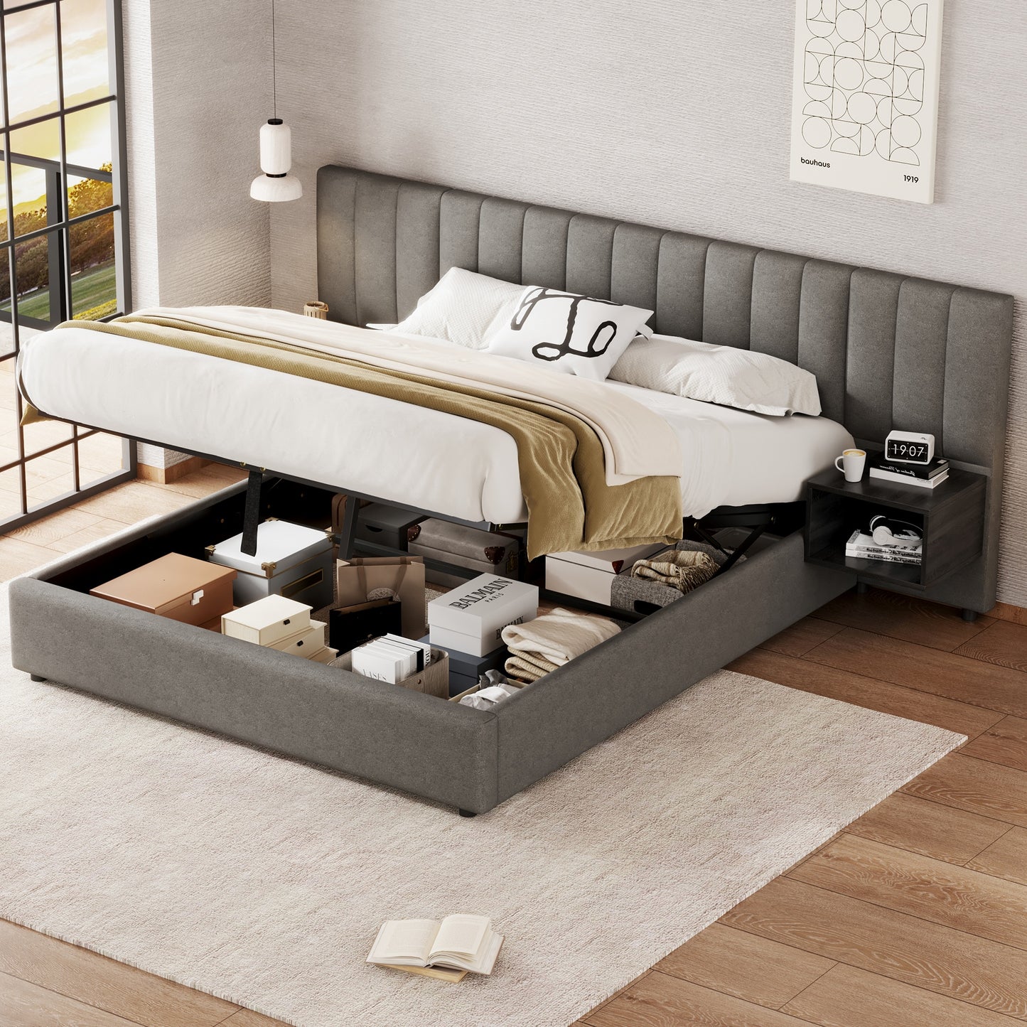 Lit Coffre 160x200 cm HOMEMiYN - Lit Élégant avec Rangement Pratique et Confort Optimal