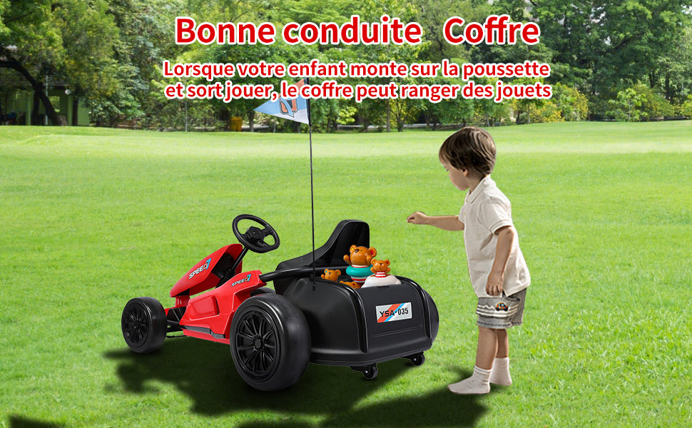 HOMEMiYN 24V 13 km/u elektrische driftkart met zachte start, muziek, claxon, veiligheidsgordel voor kinderen van 8-12 jaar (rood).