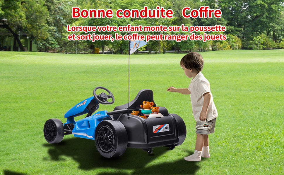 HOMEMiYN 24 V 13 km/h Elektro-Driftkart mit Sanftanlauf, Musik, Hupe, Sicherheitsgurt für Kinder von 8–12 Jahren (blau)