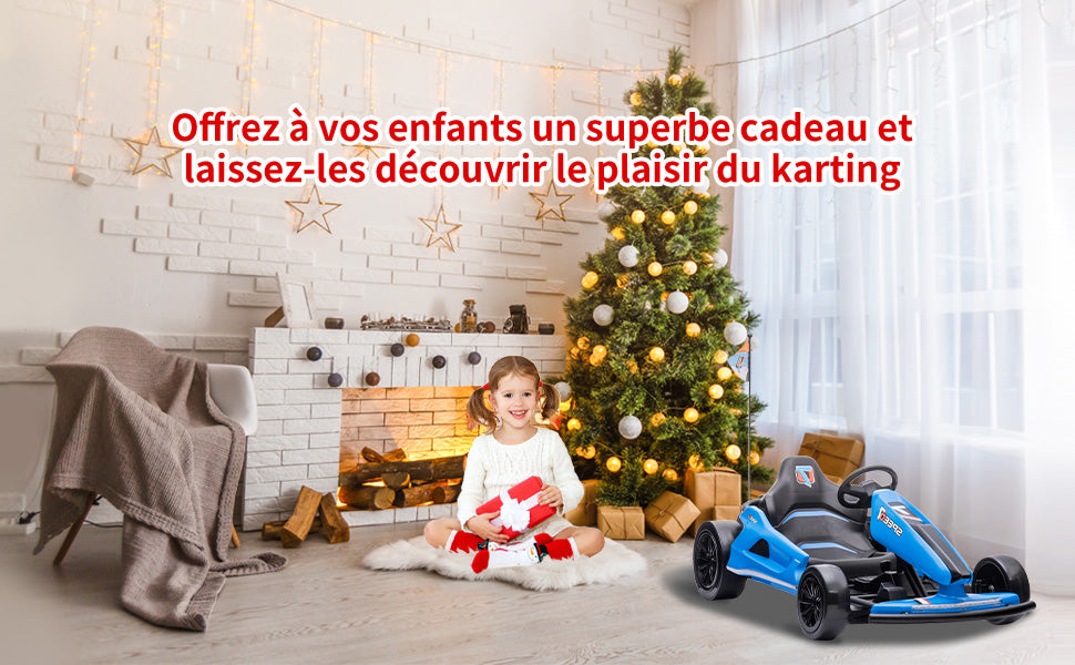 HOMEMiYN 24 V 13 km/h Elektro-Driftkart mit Sanftanlauf, Musik, Hupe, Sicherheitsgurt für Kinder von 8–12 Jahren (blau)