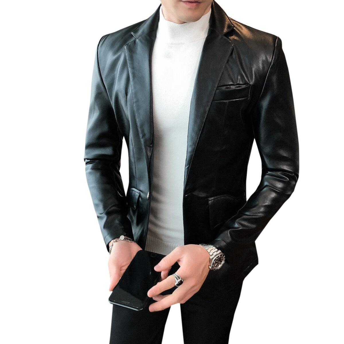 YFFUSHI Mens Slim Fit Shiny Glossy Waterproof Leather Blazer