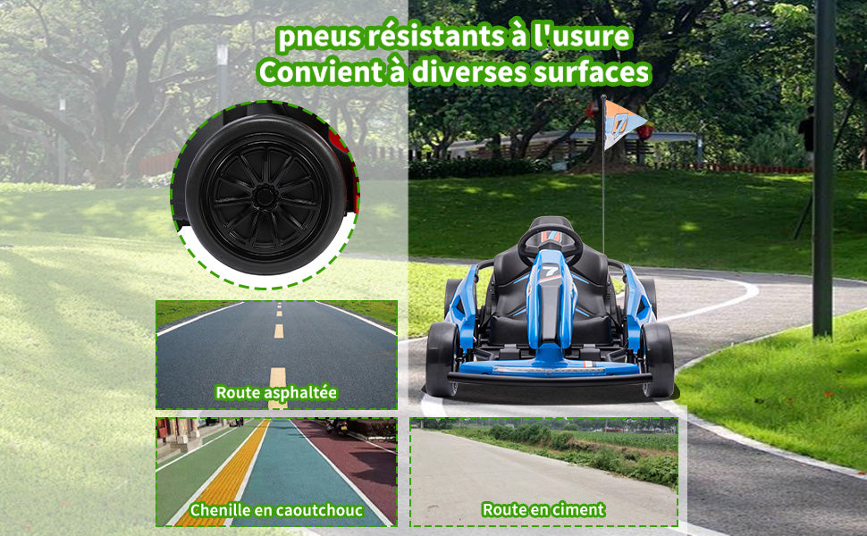 HOMEMiYN 24 V 13 km/h Elektro-Driftkart mit Sanftanlauf, Musik, Hupe, Sicherheitsgurt für Kinder von 8–12 Jahren (blau)