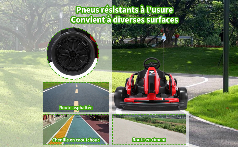 HOMEMiYN 24V 13 km/u elektrische driftkart met zachte start, muziek, claxon, veiligheidsgordel voor kinderen van 8-12 jaar (rood).