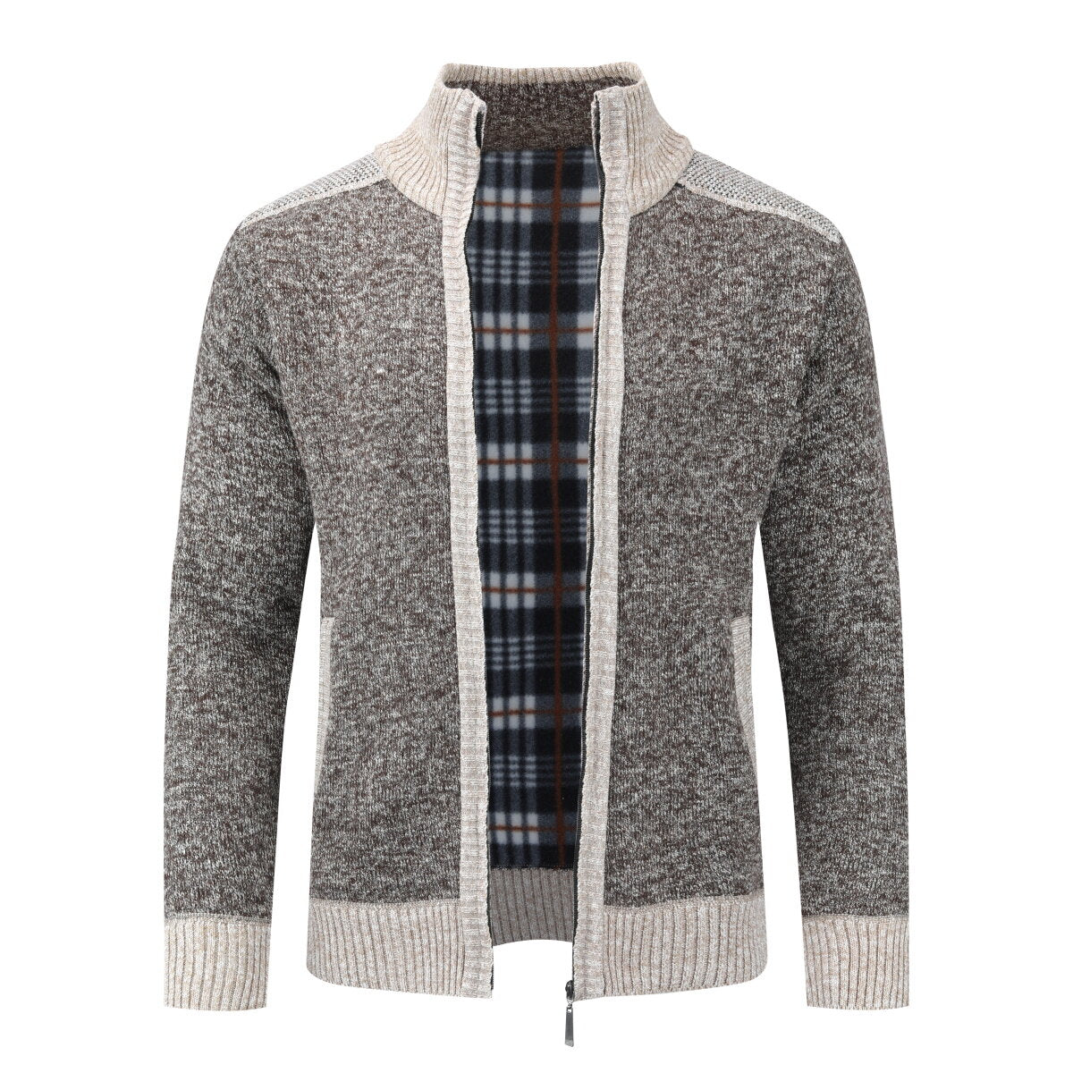 YFFUSHI Mens Thick Color Block Stand Collar Knitted Sweater
