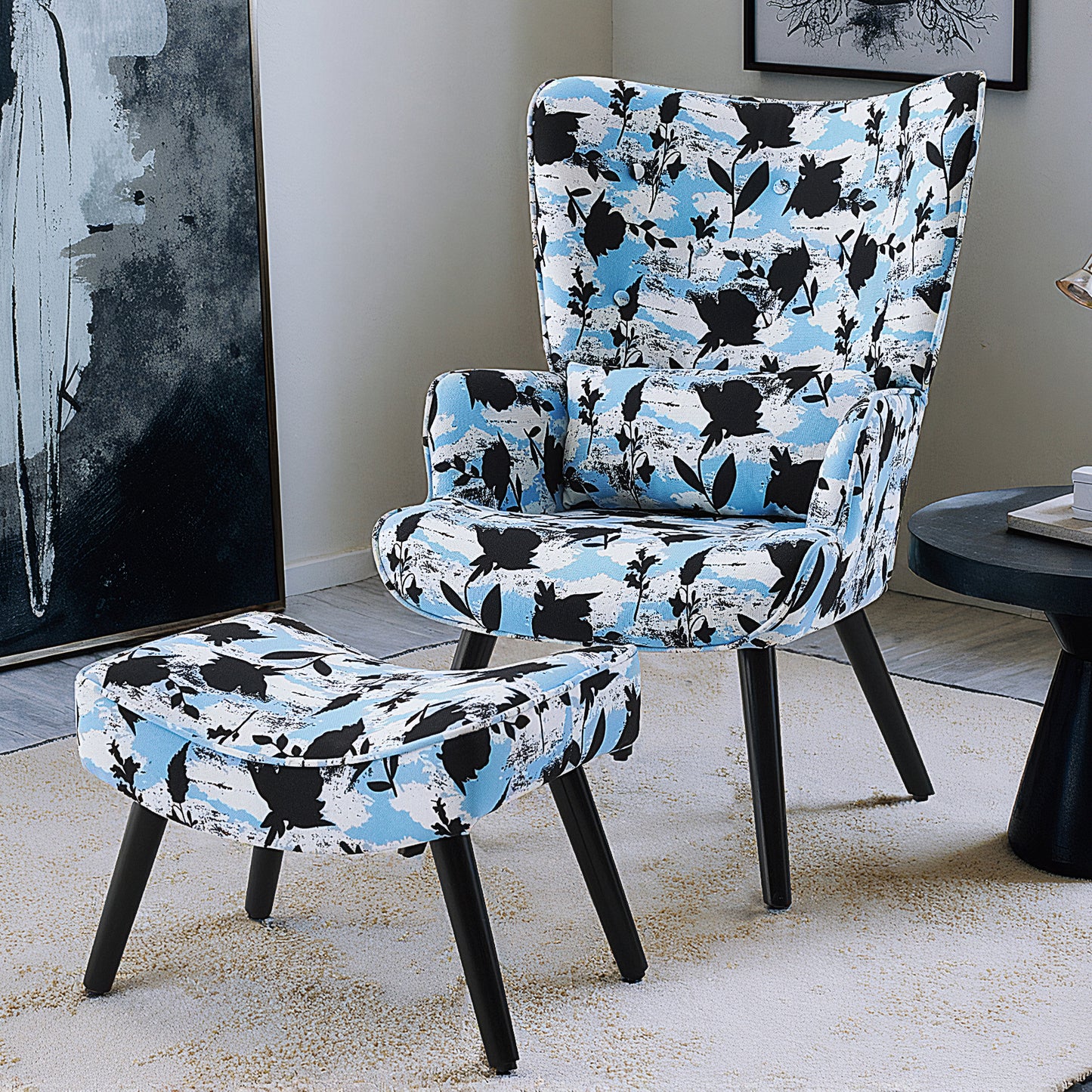 Fauteuil HomeMiYN avec Coussin et Tabouret - Chaise d'Angle Rustique pour le Salon
