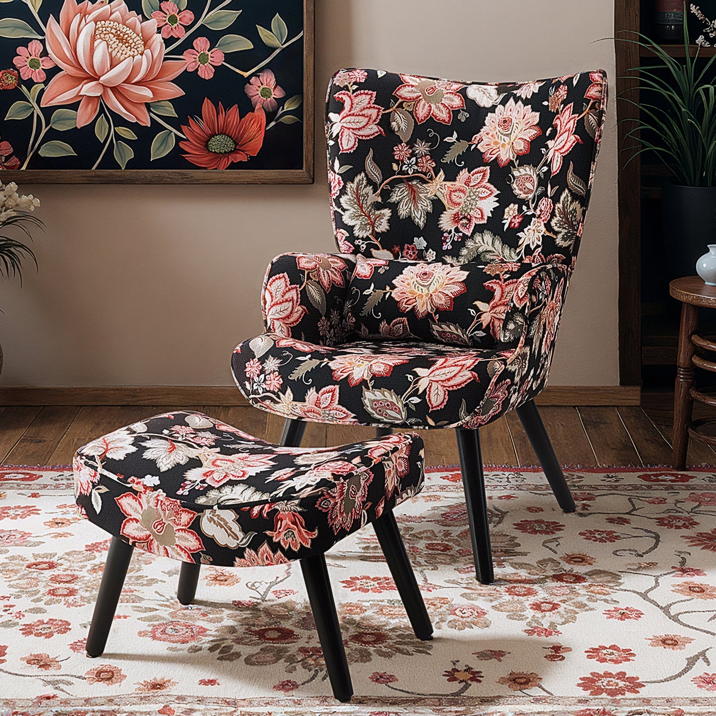 Fauteuil HomeMiYN avec Coussin et Tabouret - Chaise d'Angle Rustique pour le Salon