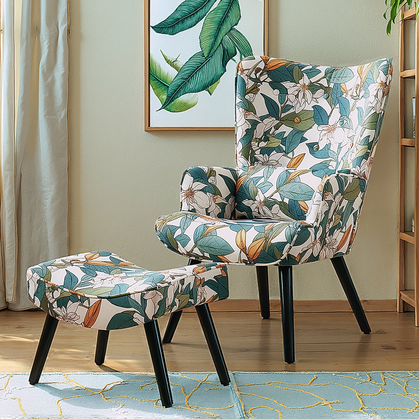Fauteuil HomeMiYN avec Coussin et Tabouret - Chaise d'Angle Rustique pour le Salon