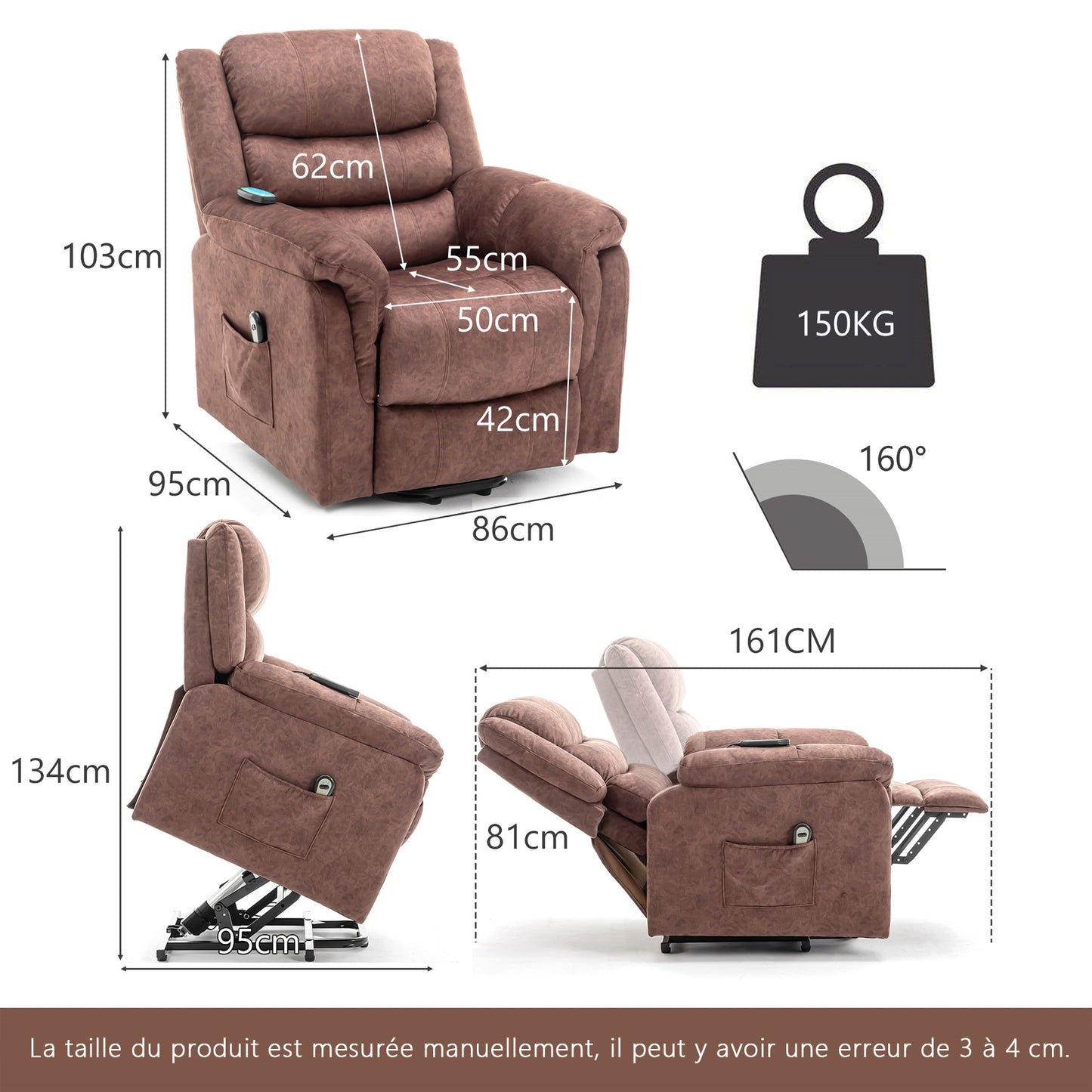Fauteuil releveur électrique en cuir PU Best Choice Products, fauteuil de massage inclinable, meuble réglable pour le dos, pieds avec 3 positions, port USB, chauffage, porte-gobelets, bouton latéral facile d'accès