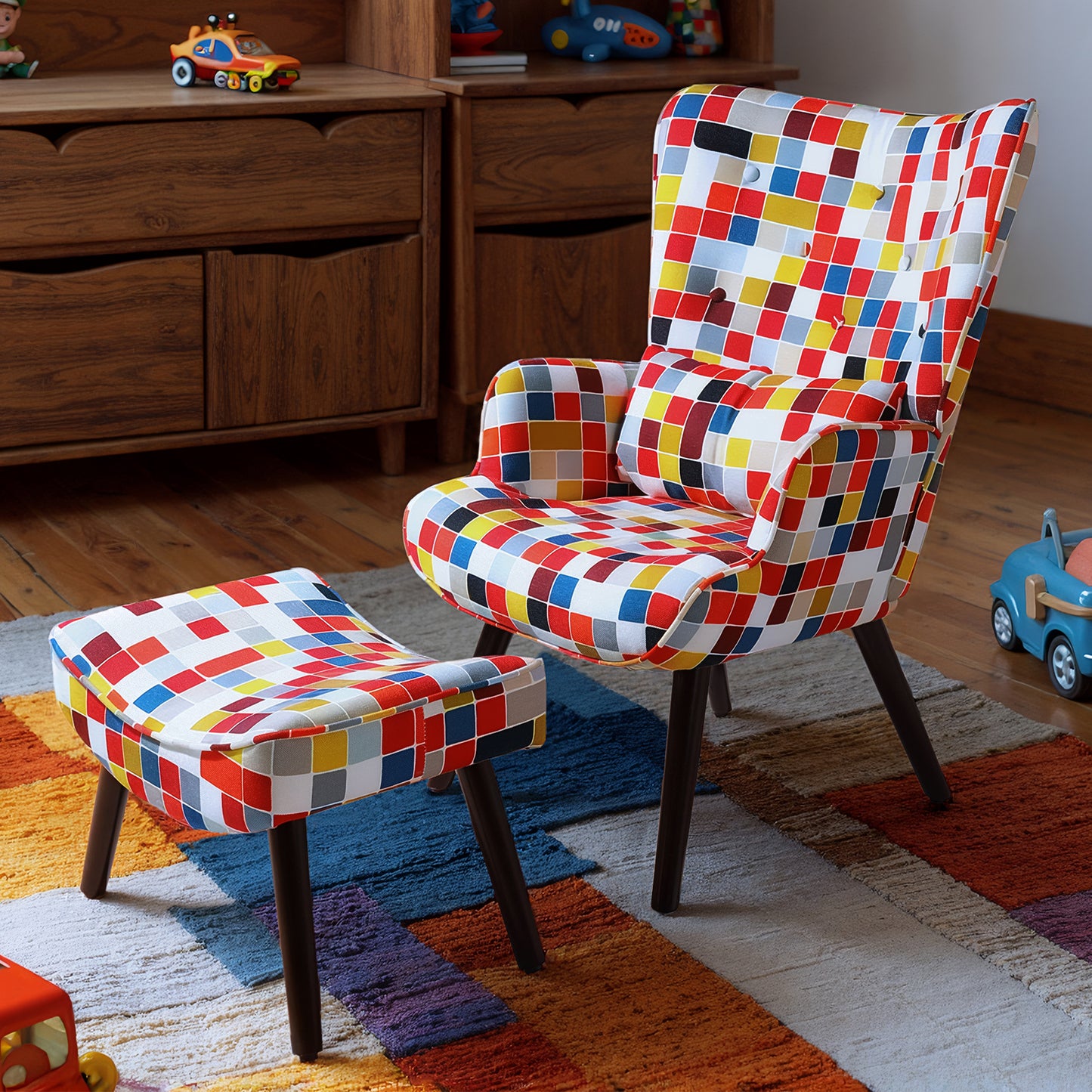Fauteuil d'angle rustique HomeMiYN avec coussin et tabouret