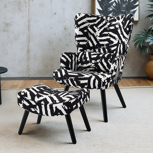 Fauteuil d'Angle HomeMiYN Noir - Ensemble avec Coussin & Tabouret - Style Industriel Chic - Bois Massif & Lin
